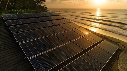 A Modern Luxury Villa by the Beach with Solar Panels, Bathed in a Golden Sunset Glow