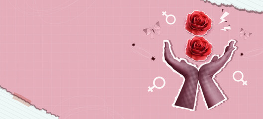 Hands Raising Roses in a Beautiful Collage Celebrating Women. Vector Illustration