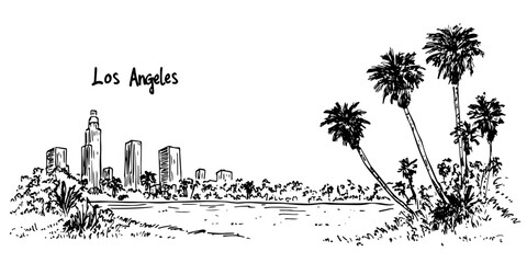 los angeles skyline with palm trees and lake vintage retro city panorama landscape vector illustration engraved hand drawn sketch woodcut style © Kaz