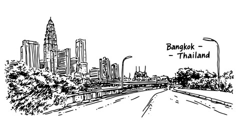 Fototapeta premium bangkok skyline with modern buildings and highway vintage retro city panorama landscape vector illustration engraved hand drawn sketch woodcut style