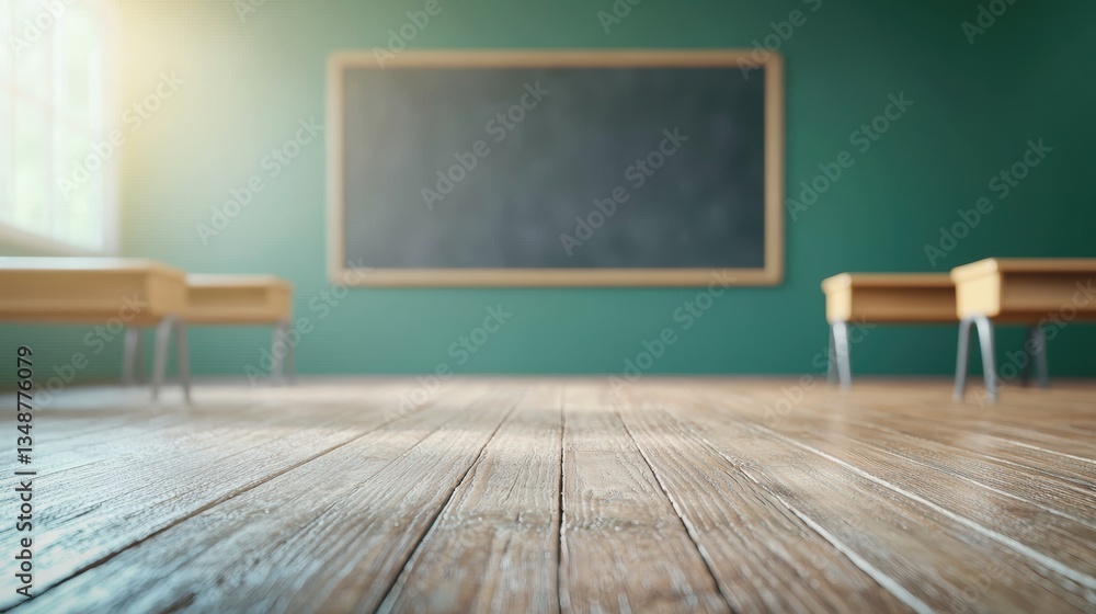 Poster empty classroom with wooden floor and a chalkboard, illuminated by sunlight from a window, creating 
