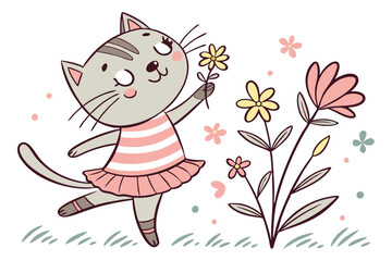 36 Whimsical cat illustration, dancing cat in tutu, striped shirt, holding plant, colorful flowers, playful, childlike drawing style, pastel colors, white background, cheerful, hand-drawn aesthetic, f