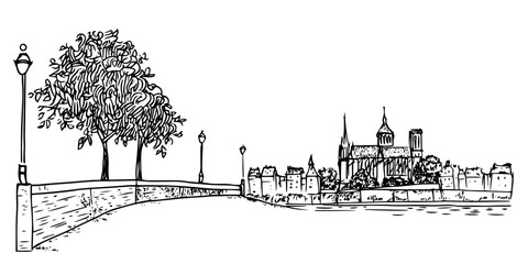 Fototapeta premium city riverside with cathedral view hand drawn modern sketch illustration in doodle simple engraved style