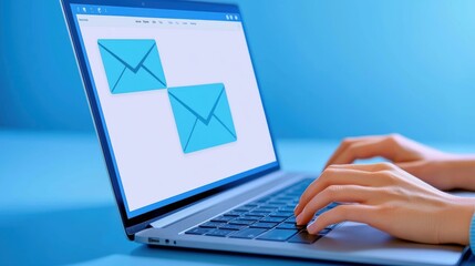 A person typing on a laptop with an email interface visible, showcasing two envelope icons against a blue background.