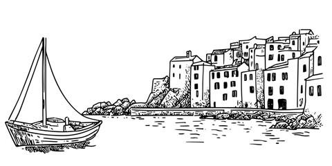 sailboat in coastal port black vector in hand made isolated design on white background