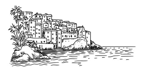 coastal village on hill black vector in hand made isolated design on white background