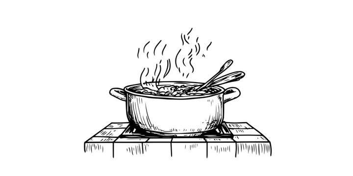 pot with boiling soup on fire black vector in hand made isolated design on white background