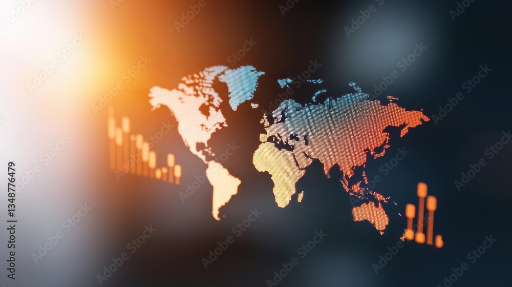 Poster digital world map with data visualizations, representing global connections and analytics.