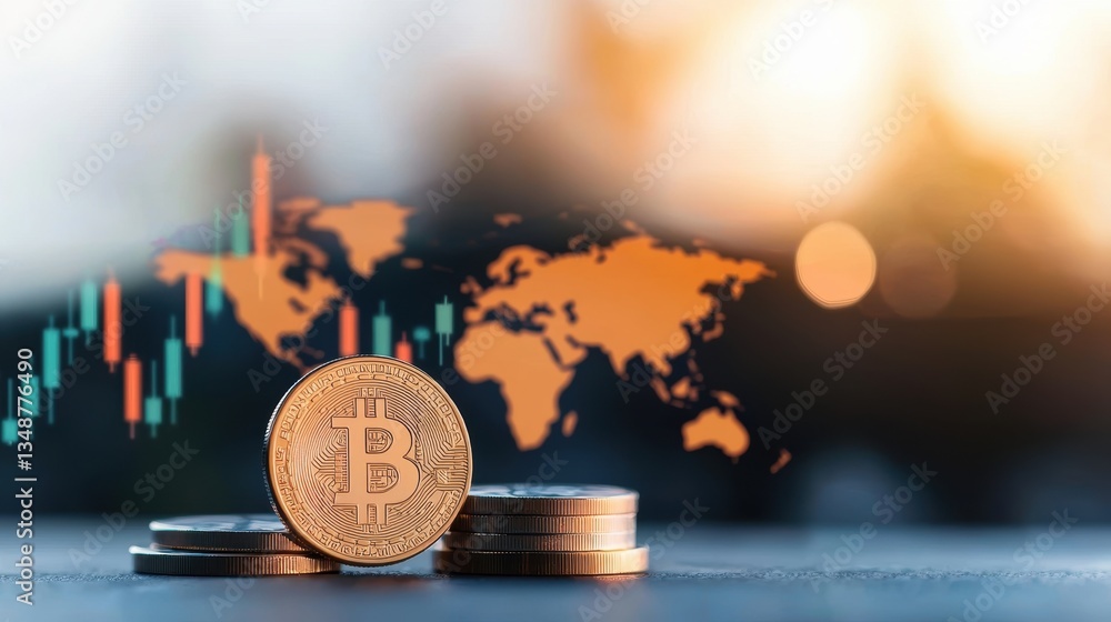Poster bitcoin coins are stacked in front of a world map and financial graphs, symbolizing cryptocurrency i