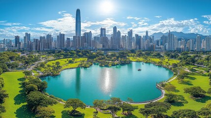 Fototapeta premium Urban park with a lake and high-rise buildings