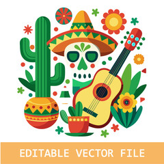 Cinco de Mayo celebration in Mexico icon set, collection design elements. Guitar, maracas, peppers, skull, mustache, citrus fruits, sombrero, cactus and decoration