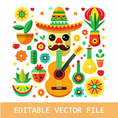 Cinco de Mayo party, mexican fiesta decoration icon. Guitar and sombrero, cactus and maraca, garland pepper, skull, mustache. Mexico, latino, spanish holiday sticker set. 