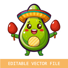 Cute Avocado with Sombrero and Maracas Cartoon Fiesta Illustration