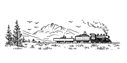 steam train with wagons and mountain landscape black and white outline, transparent background line art drawing illustration © Kaz
