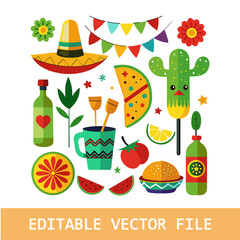 Mexican national symbols. Vector design elements for Cinco de Mayo holiday. Fiesta, celebration, party icons