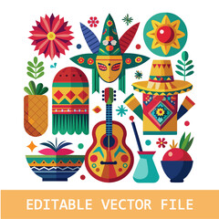Cinco de Mayo vector celebration, mexican icon set, collection design elements. Guitar, maraca, peppers, mustache, skull, citrus, sombrero, cactus and decoration.