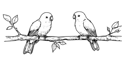 lovebirds on branch looking at each other vector doodle ink sketch