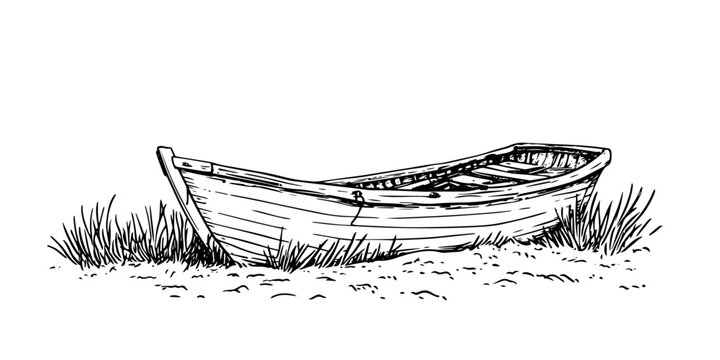 small boat pulled ashore vector doodle ink sketch