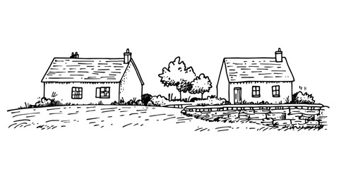 rural houses landscape vector doodle ink sketch © Kaz