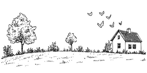 Obraz premium rural cottage with trees and birds vector doodle ink sketch