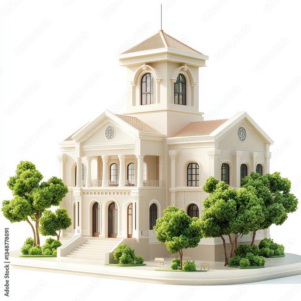 Poster elegant beige mansion with tower and lush greenery, a timeless blend of architecture and nature