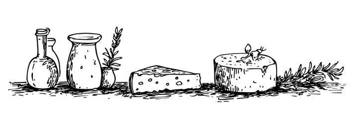 cheese and olive oil still life vector doodle ink sketch