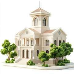 Elegant Beige Mansion with Tower and Lush Greenery, a Timeless Blend of Architecture and Nature 