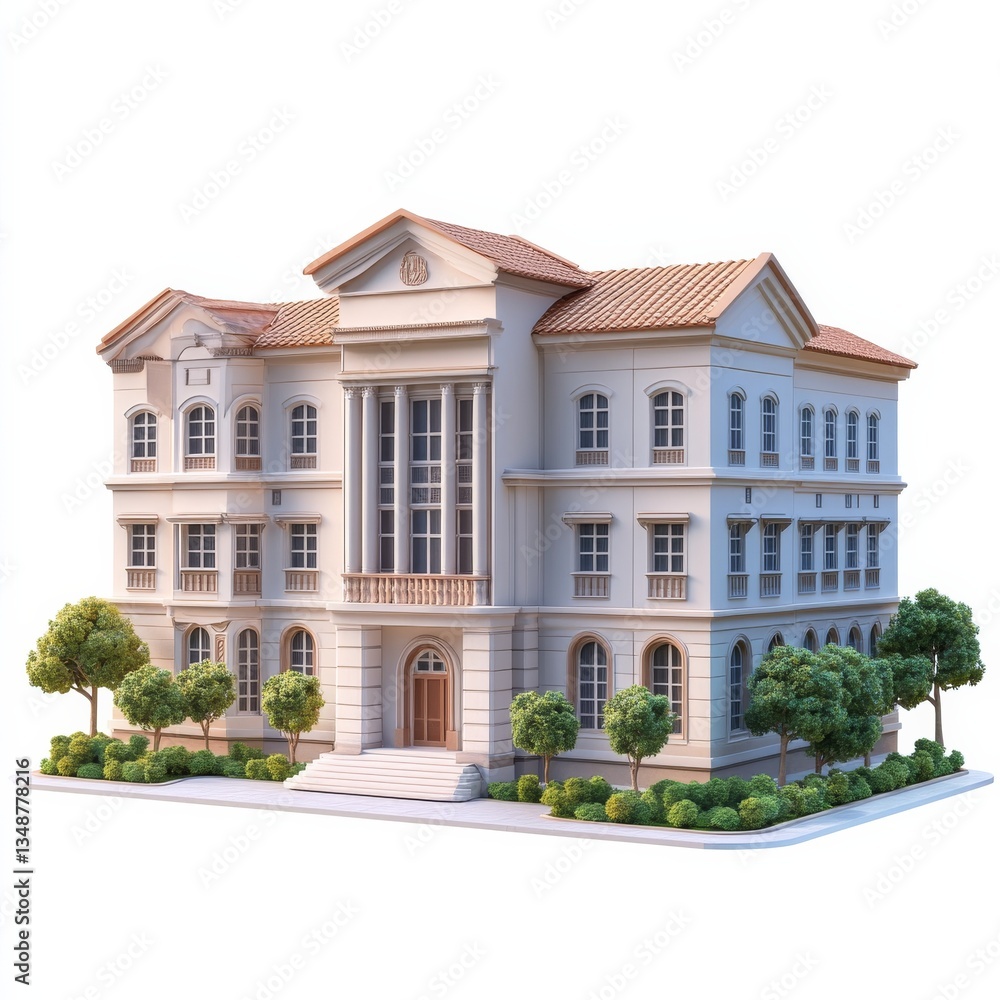 Poster elegant neoclassical style building with lush greenery and a white background, highlighting architec