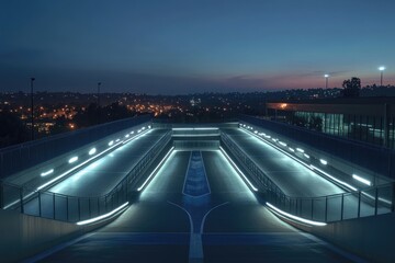 Fototapeta premium Night view of a modern, illuminated pedestrian overpass with city lights in the background.