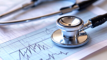 Top-down view of a medical stethoscope with stainless steel and plastic components resting on a paper sheet displaying