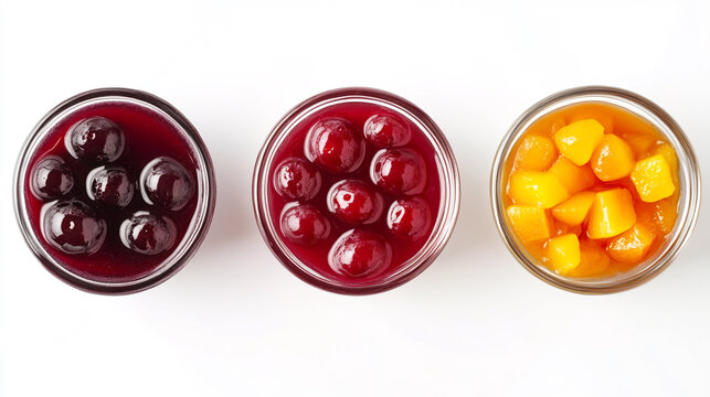 Top view of sour cherry compote and mixed fruit kompot on a white background, refreshing homemade beverage2