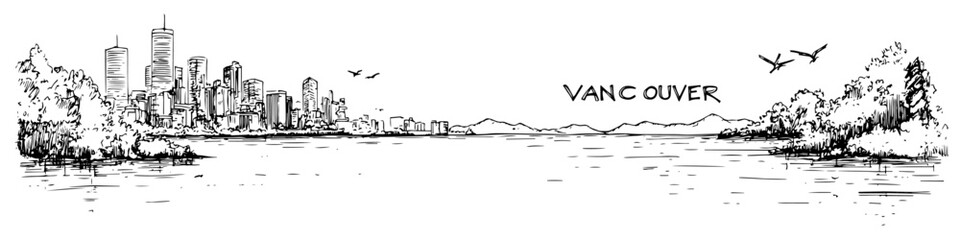 Obraz premium vancouver skyline with waterfront and trees vector sketch illustration in ink doodle style hand drawing for engraving