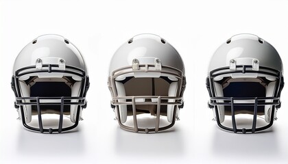 Fototapeta premium Set of white American football helmets isolated on white background. Generated image