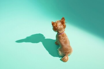 Silky Terrier Sitting on Bright Cyan Backdrop with Soft Shadows