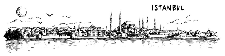 Obraz premium istanbul city skyline panorama vector sketch illustration in ink doodle style hand drawing for engraving