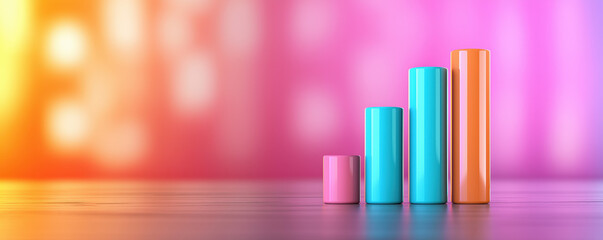 Obraz premium A colorful bar chart display with varying heights on a wooden surface against a vibrant, blurred background.