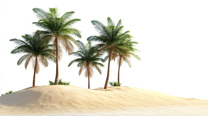 Tropical oasis featuring vibrant palm trees on a golden sandy dune, isolated against a crisp white background