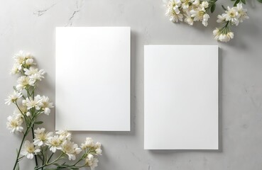 Wedding invitation card mockup with flowers. Two blank paper cards mock up with copy space. Floral decor design, top view style. Minimalist wedding stationery. Greeting card template.