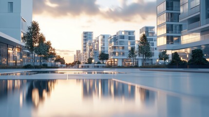 Serene Sunset Reflection in Modern Cityscape