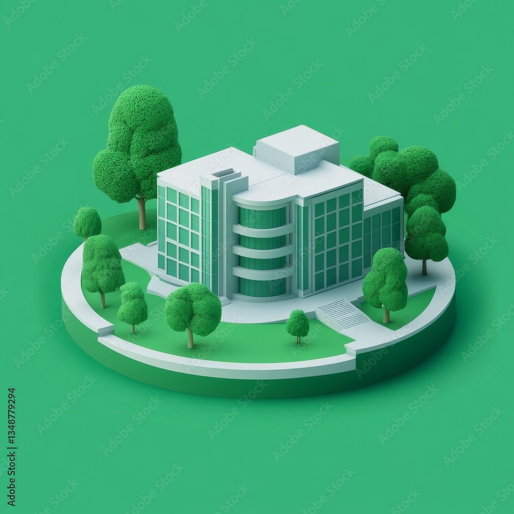 Poster modern office building surrounded by trees on a green platform: minimalist architectural rendering