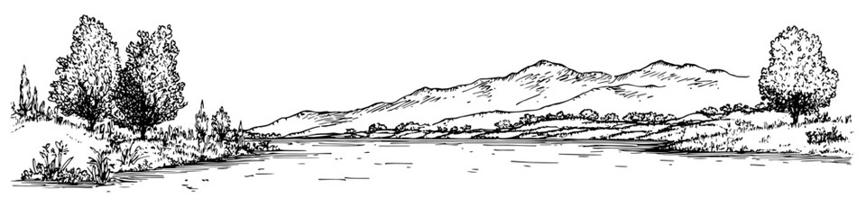 mountain landscape with river and trees vector sketch illustration in ink doodle style hand drawing for engraving © Kaz