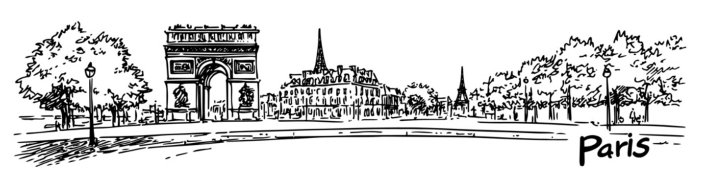 paris street building with trees and cafe vector sketch illustration in ink doodle style hand drawing for engraving