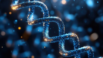 Glowing blue DNA double helix on dark background.