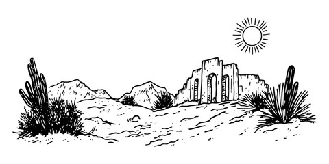 desert ruins with cacti and sun vector sketch illustration in ink doodle style hand drawing for engraving