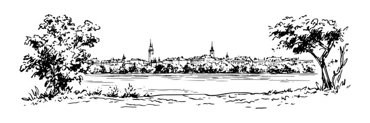 city panorama view across river with trees vector sketch illustration in ink doodle style hand drawing for engraving