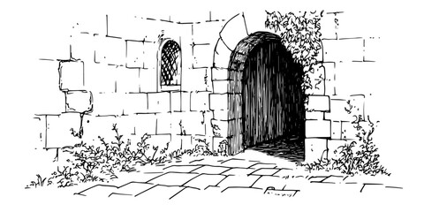 medieval castle gate entrance vector sketch illustration in ink doodle style hand drawing for engraving © Kaz