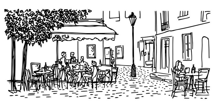 street cafe with people sitting at tables vector sketch illustration in ink doodle style hand drawing for engraving