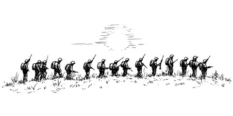soldiers marching after the war vector sketch illustration in ink doodle style hand drawing for engraving