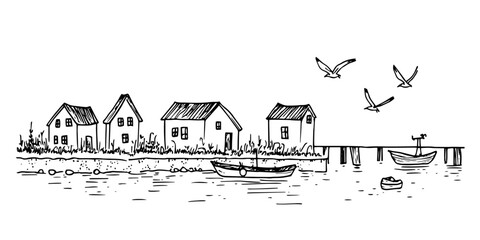 coastal village with boats hand drawn ink sketch, vector engraving monochrome doodle