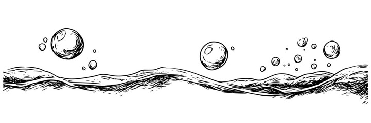 water waves with bubbles hand drawn ink sketch, vector engraving monochrome doodle